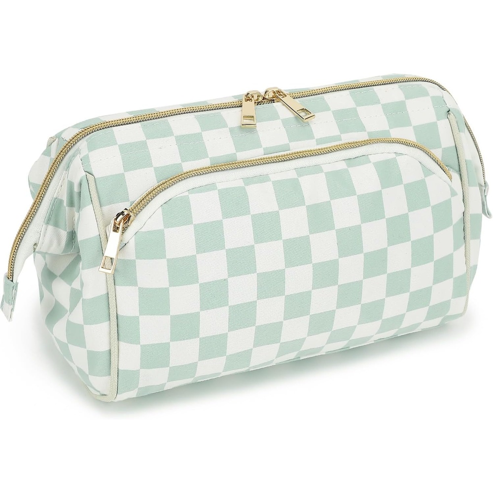 image:imageFammart Travel Makeup Bag for Women Waterproof Checkered Cosmetic Cosmetic Bag Make Up Organizer Case Large Wideopen Toiletry Bag for Skincare Brushes Bathroom amp Travel EssentialsCheckered Green