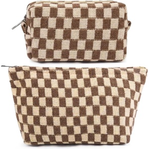 image:imageFammart Checkered Makeup Bag Travel Cosmetic Bag Organizer Toiletry Bag Make Up Bags with Zipper amp Compartments for Women GirlsCheckered  2PCS  Brown