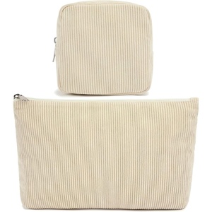 image:imageFammart Checkered Makeup Bag Travel Cosmetic Bag Organizer Toiletry Bag Make Up Bags with Zipper amp Compartments for Women GirlsCorduroy  2PCS Beige