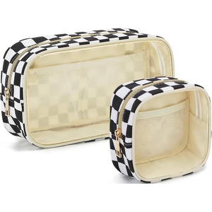 image:imageFammart Clear Travel Makeup Bag for Women TSA Approved Checkered Cosmetic Bag Make Up Car Organizer Case with Zipper Large Waterproof Pouch Purse Toiletry Bag for Skincare Brushes Travel EssentialsCheckered  2PCS  Black