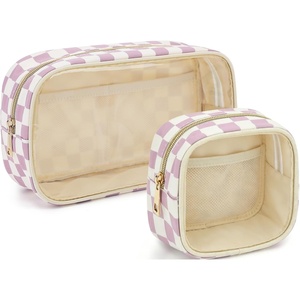 image:imageFammart Clear Travel Makeup Bag for Women TSA Approved Checkered Cosmetic Bag Make Up Car Organizer Case with Zipper Large Waterproof Pouch Purse Toiletry Bag for Skincare Brushes Travel EssentialsCheckered  2PCS  Dusty Rose