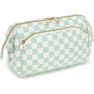 image:imageFammart Travel Makeup Bag for Women Waterproof Checkered Cosmetic Cosmetic Bag Make Up Organizer Case Large Wideopen Toiletry Bag for Skincare Brushes Bathroom amp Travel EssentialsCheckered  Green