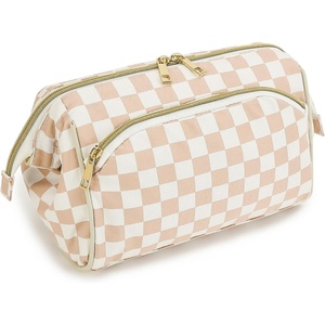 image:imageFammart Travel Makeup Bag for Women Waterproof Checkered Cosmetic Cosmetic Bag Make Up Organizer Case Large Wideopen Toiletry Bag for Skincare Brushes Bathroom amp Travel EssentialsCheckered  Khaki