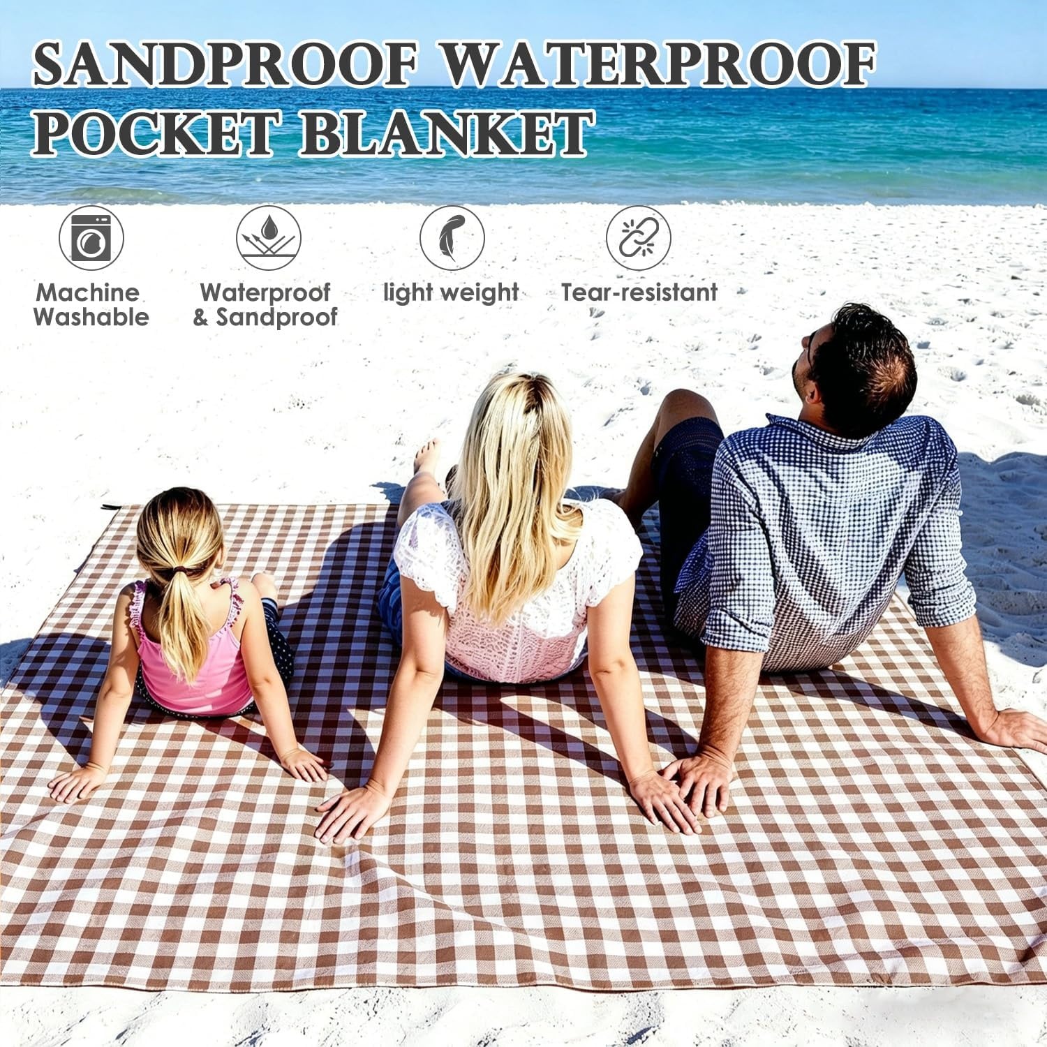 image:imageFammart Beach Blanket Sandproof Waterproof Extra Large Beach Mat with Stakes amp Corner Pockets Oversized amp Compact Sand Free Quick Drying Beach Essentials for Vacation Cruise Picnic amp Camping57x79 Inch 14p Checkered Coffee PolyesterPicnic