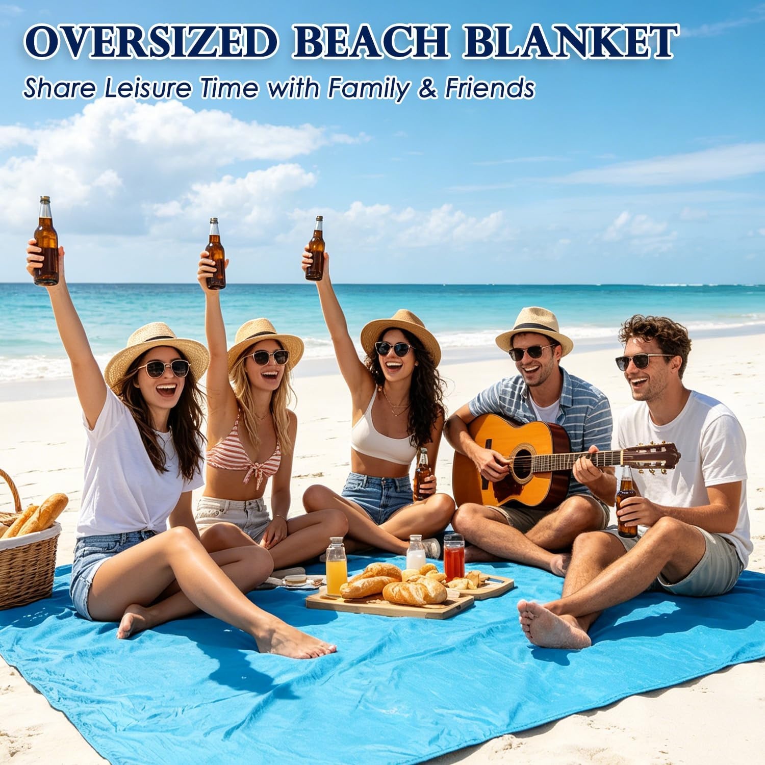 image:imageFammart Beach Blanket Sandproof Waterproof Extra Large Beach Mat with Stakes amp Corner Pockets Oversized amp Compact Sand Free Quick Drying Beach Essentials for Vacation Cruise Picnic amp Camping79x83 Inch 15p Blue NylonBeach