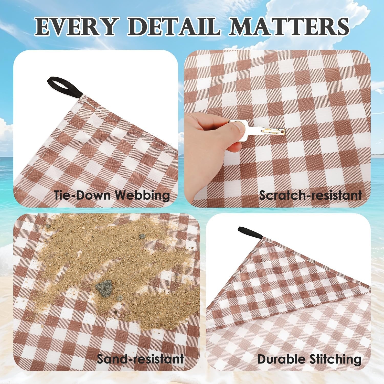 image:imageFammart Beach Blanket Sandproof Waterproof Extra Large Beach Mat with Stakes amp Corner Pockets Oversized amp Compact Sand Free Quick Drying Beach Essentials for Vacation Cruise Picnic amp Camping57x79 Inch 14p Checkered Coffee PolyesterPicnic