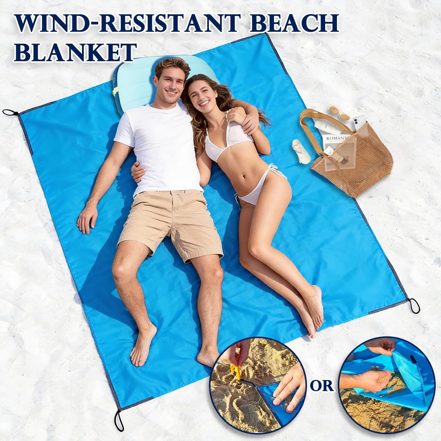 image:imageFammart Beach Blanket Sandproof Waterproof Extra Large Beach Mat with Stakes amp Corner Pockets Oversized amp Compact Sand Free Quick Drying Beach Essentials for Vacation Cruise Picnic amp Camping57x79 Inch 14p Blue PolyesterPicnic