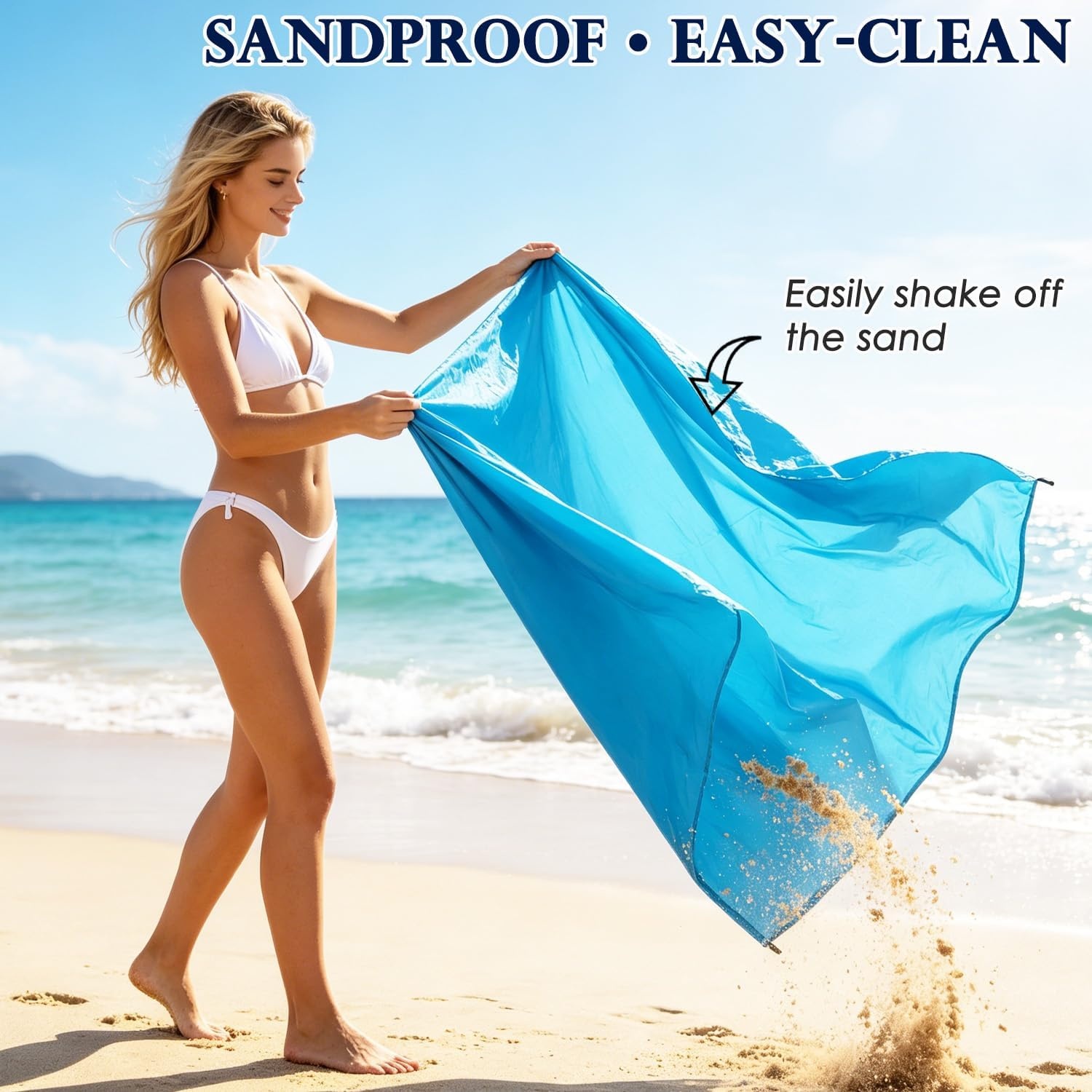 image:imageFammart Beach Blanket Sandproof Waterproof Extra Large Beach Mat with Stakes amp Corner Pockets Oversized amp Compact Sand Free Quick Drying Beach Essentials for Vacation Cruise Picnic amp Camping79x83 Inch 15p Blue NylonBeach
