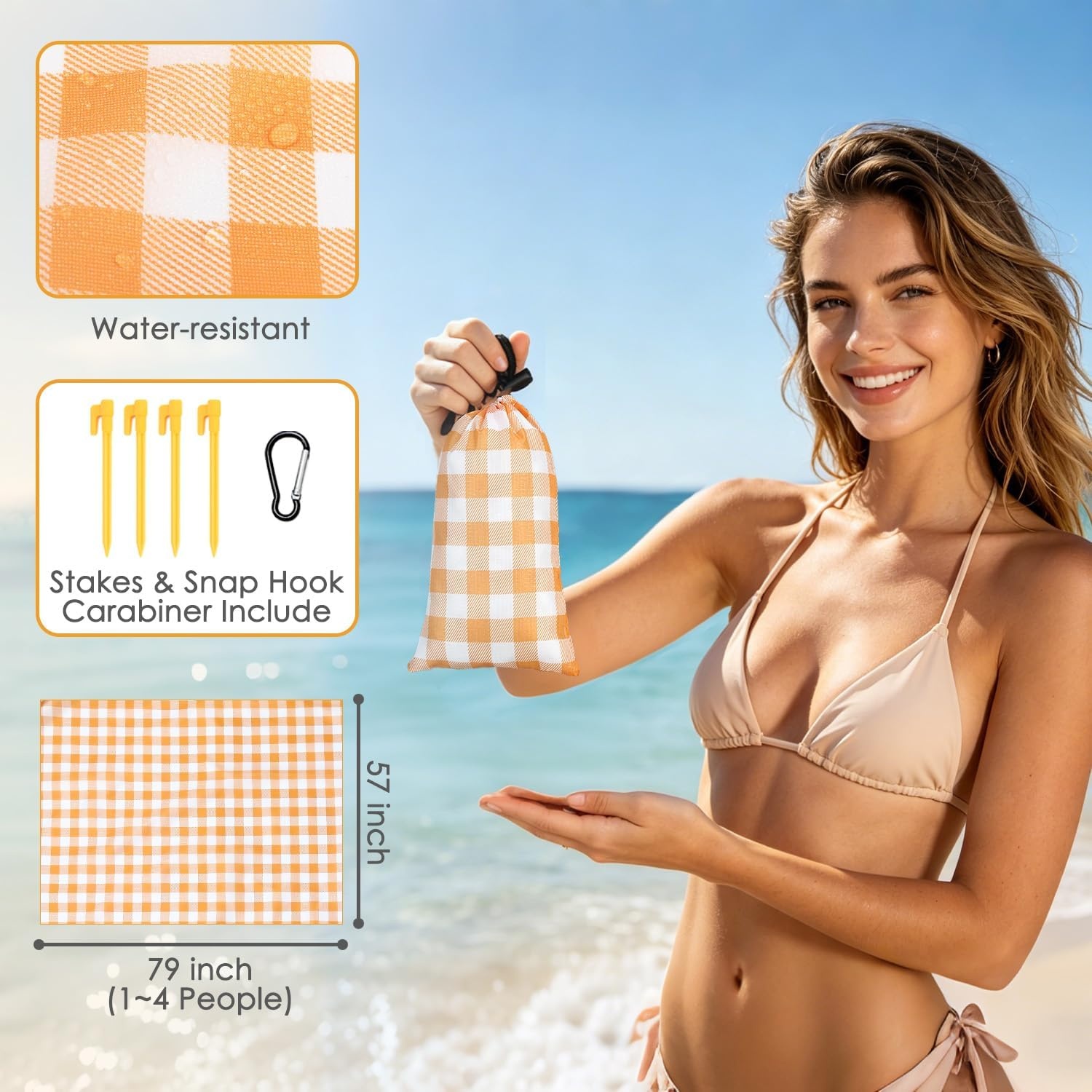 image:imageFammart Beach Blanket Sandproof Waterproof Extra Large Beach Mat with Stakes amp Corner Pockets Oversized amp Compact Sand Free Quick Drying Beach Essentials for Vacation Cruise Picnic amp Camping57x79 Inch 14p Checkered Yellow PolyesterPicnic