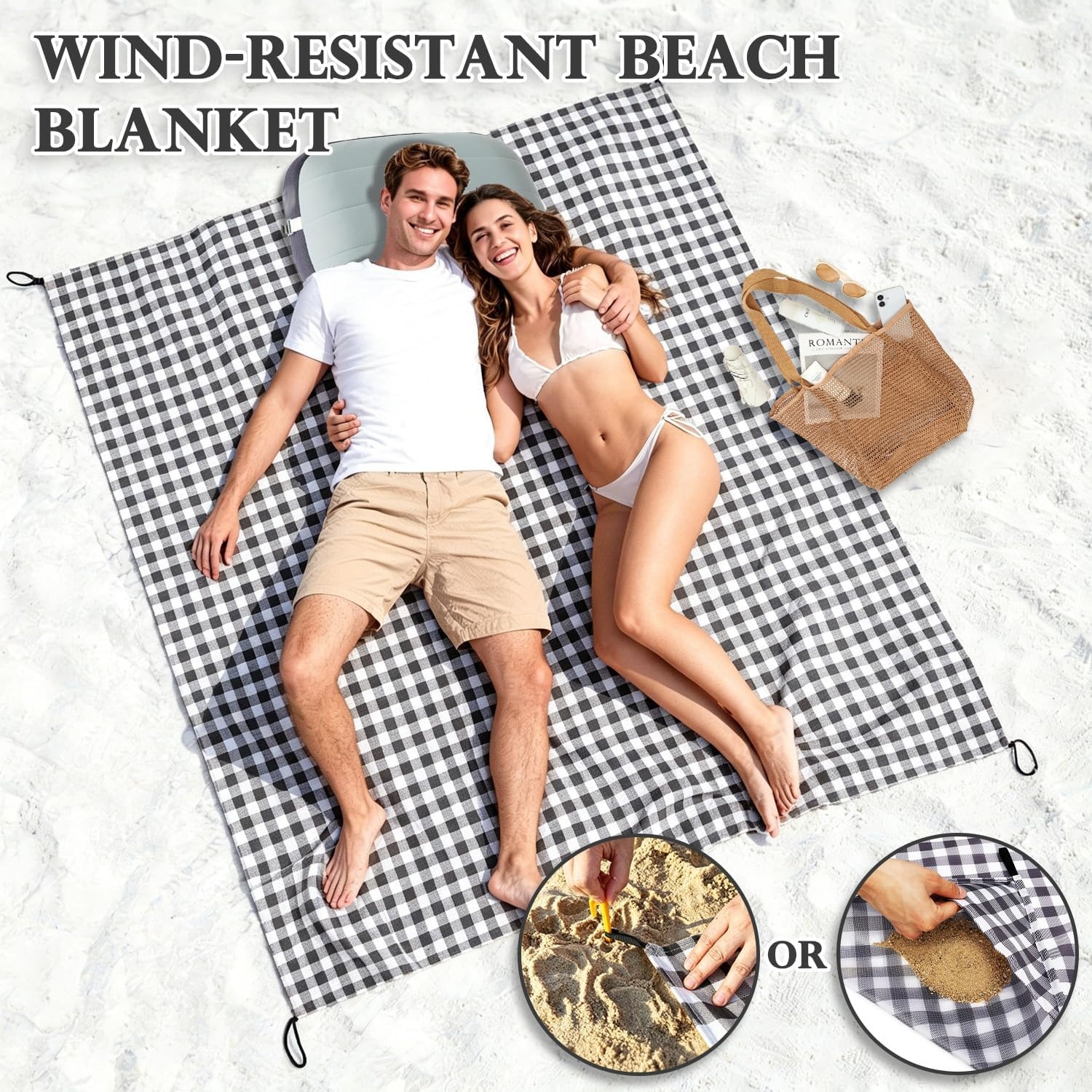 image:imageFammart Beach Blanket Sandproof Waterproof Extra Large Beach Mat with Stakes amp Corner Pockets Oversized amp Compact Sand Free Quick Drying Beach Essentials for Vacation Cruise Picnic amp Camping57x79 Inch 14p Checkered Black PolyesterPicnic