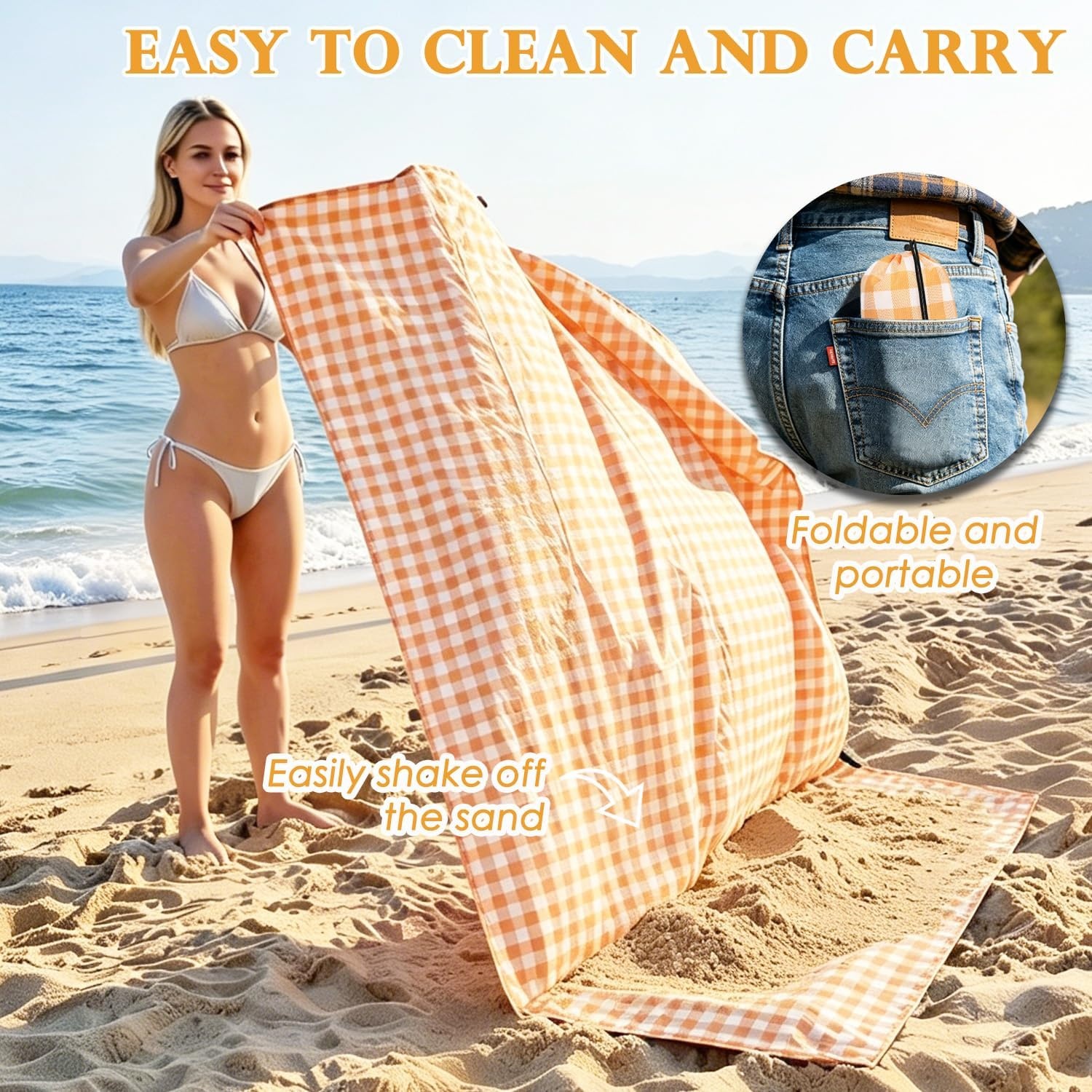 image:imageFammart Beach Blanket Sandproof Waterproof Extra Large Beach Mat with Stakes amp Corner Pockets Oversized amp Compact Sand Free Quick Drying Beach Essentials for Vacation Cruise Picnic amp Camping57x79 Inch 14p Checkered Yellow PolyesterPicnic