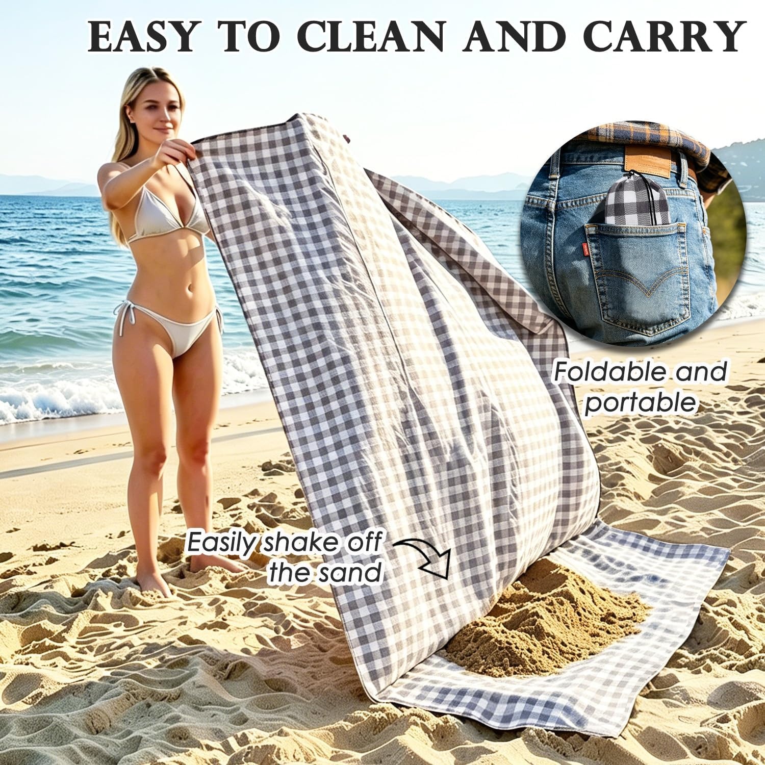 image:imageFammart Beach Blanket Sandproof Waterproof Extra Large Beach Mat with Stakes amp Corner Pockets Oversized amp Compact Sand Free Quick Drying Beach Essentials for Vacation Cruise Picnic amp Camping57x79 Inch 14p Checkered Black PolyesterPicnic