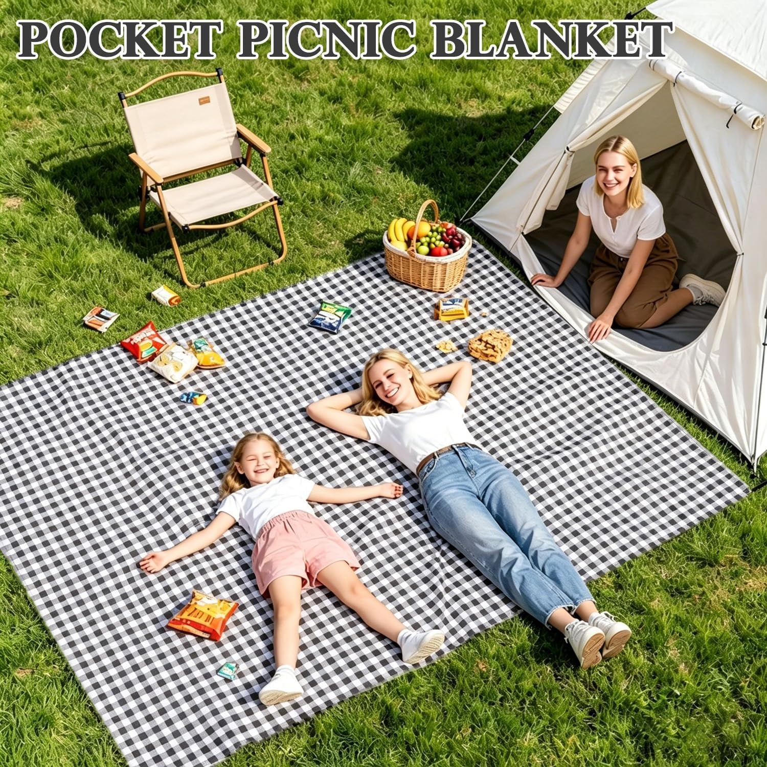 image:imageFammart Beach Blanket Sandproof Waterproof Extra Large Beach Mat with Stakes amp Corner Pockets Oversized amp Compact Sand Free Quick Drying Beach Essentials for Vacation Cruise Picnic amp Camping57x79 Inch 14p Checkered Black PolyesterPicnic