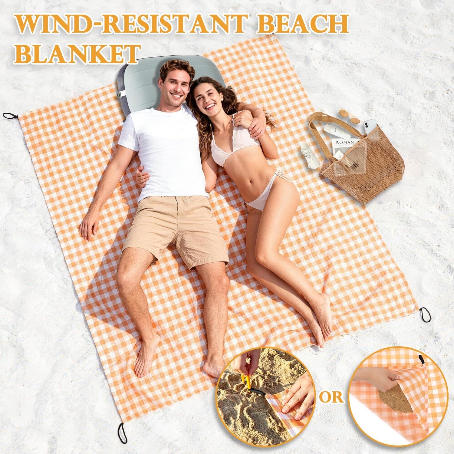 image:imageFammart Beach Blanket Sandproof Waterproof Extra Large Beach Mat with Stakes amp Corner Pockets Oversized amp Compact Sand Free Quick Drying Beach Essentials for Vacation Cruise Picnic amp Camping57x79 Inch 14p Checkered Yellow PolyesterPicnic