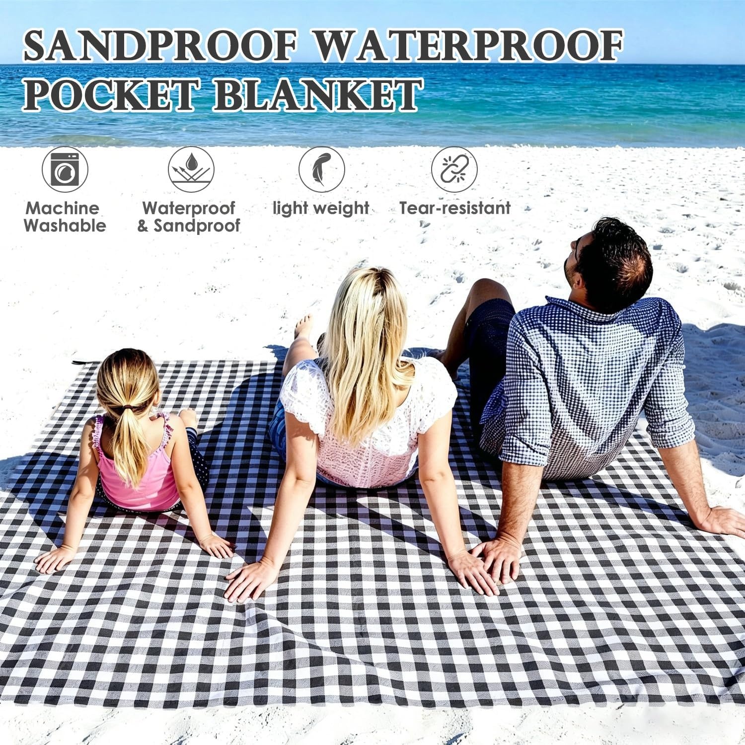 image:imageFammart Beach Blanket Sandproof Waterproof Extra Large Beach Mat with Stakes amp Corner Pockets Oversized amp Compact Sand Free Quick Drying Beach Essentials for Vacation Cruise Picnic amp Camping57x79 Inch 14p Checkered Black PolyesterPicnic