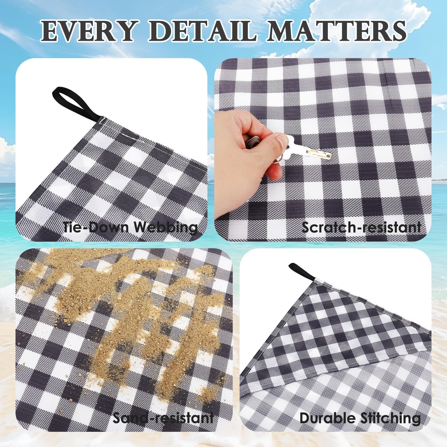 image:imageFammart Beach Blanket Sandproof Waterproof Extra Large Beach Mat with Stakes amp Corner Pockets Oversized amp Compact Sand Free Quick Drying Beach Essentials for Vacation Cruise Picnic amp Camping57x79 Inch 14p Checkered Black PolyesterPicnic