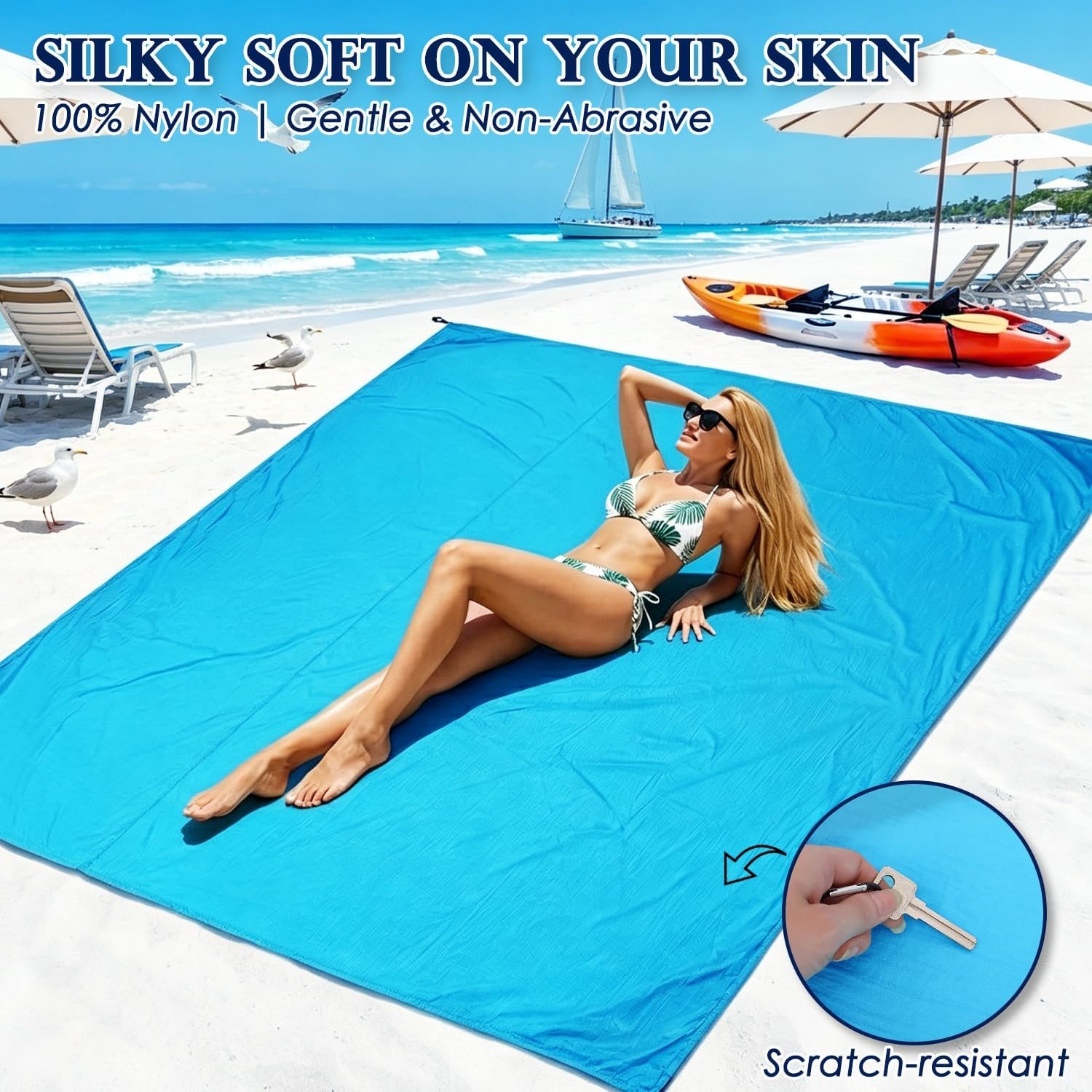 image:imageFammart Beach Blanket Sandproof Waterproof Extra Large Beach Mat with Stakes amp Corner Pockets Oversized amp Compact Sand Free Quick Drying Beach Essentials for Vacation Cruise Picnic amp Camping79x83 Inch 15p Blue NylonBeach