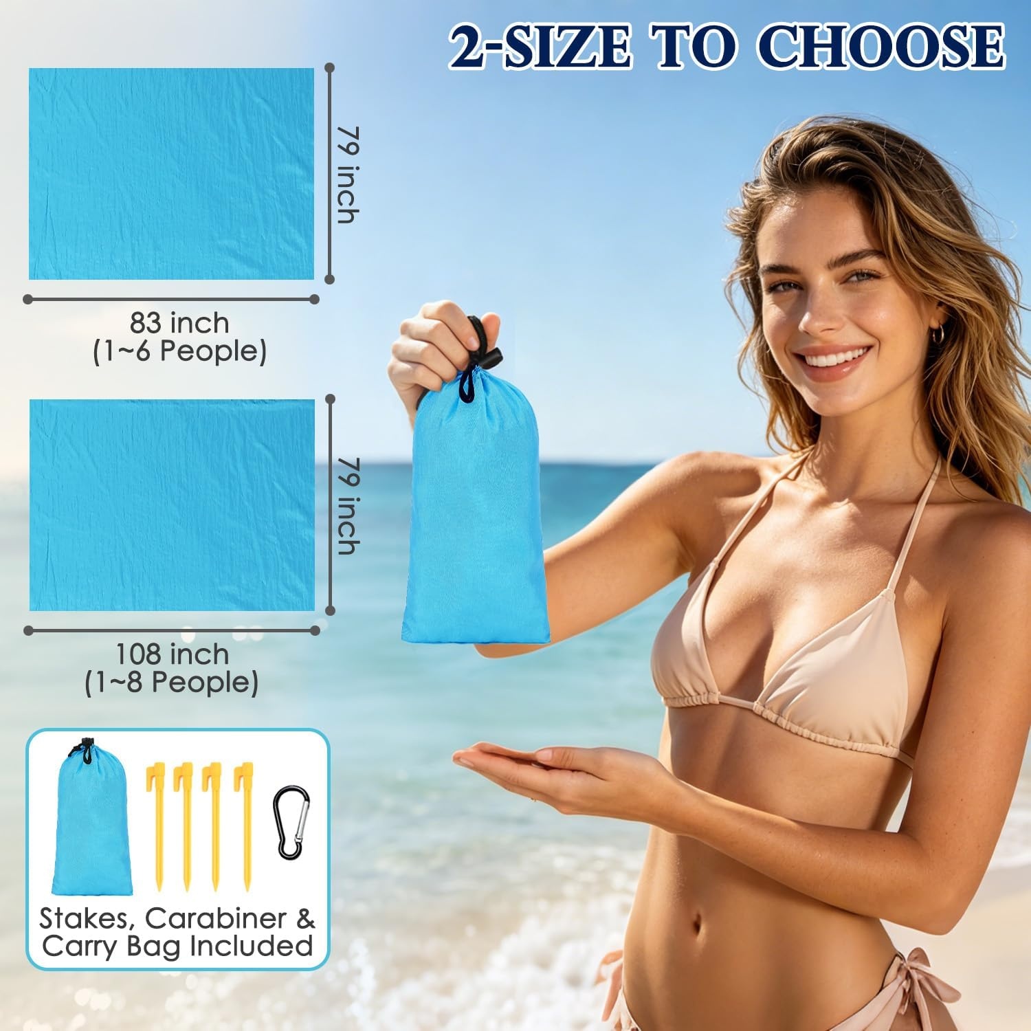 image:imageFammart Beach Blanket Sandproof Waterproof Extra Large Beach Mat with Stakes amp Corner Pockets Oversized amp Compact Sand Free Quick Drying Beach Essentials for Vacation Cruise Picnic amp Camping79x83 Inch 15p Blue NylonBeach