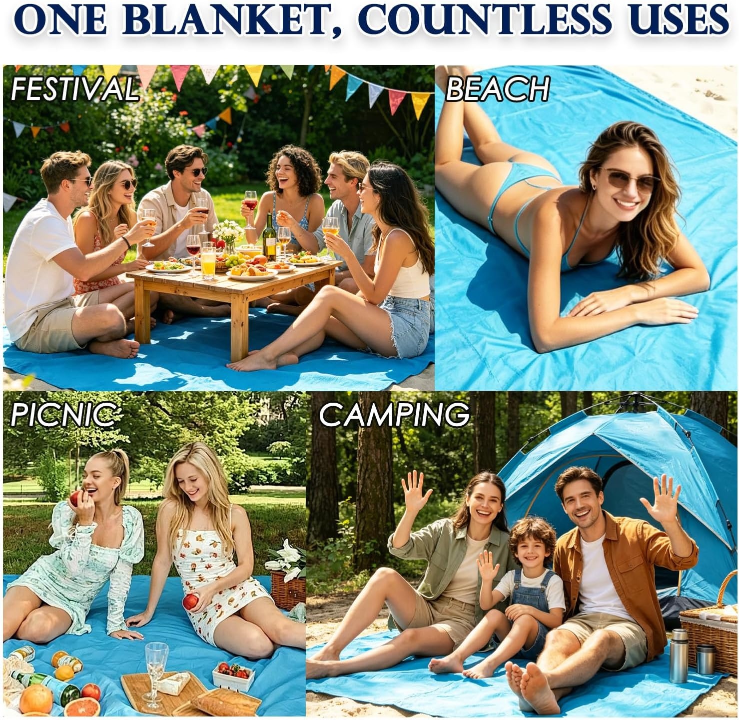 image:imageFammart Beach Blanket Sandproof Waterproof Extra Large Beach Mat with Stakes amp Corner Pockets Oversized amp Compact Sand Free Quick Drying Beach Essentials for Vacation Cruise Picnic amp Camping79x83 Inch 15p Blue NylonBeach