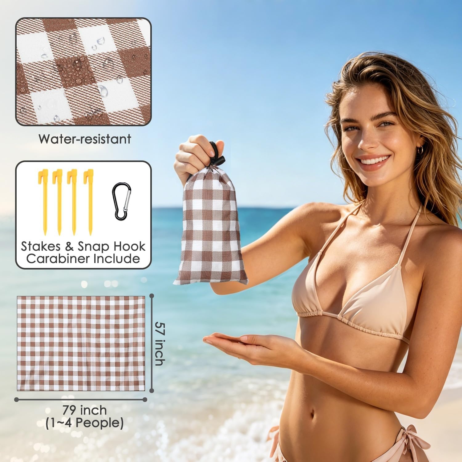 image:imageFammart Beach Blanket Sandproof Waterproof Extra Large Beach Mat with Stakes amp Corner Pockets Oversized amp Compact Sand Free Quick Drying Beach Essentials for Vacation Cruise Picnic amp Camping57x79 Inch 14p Checkered Coffee PolyesterPicnic