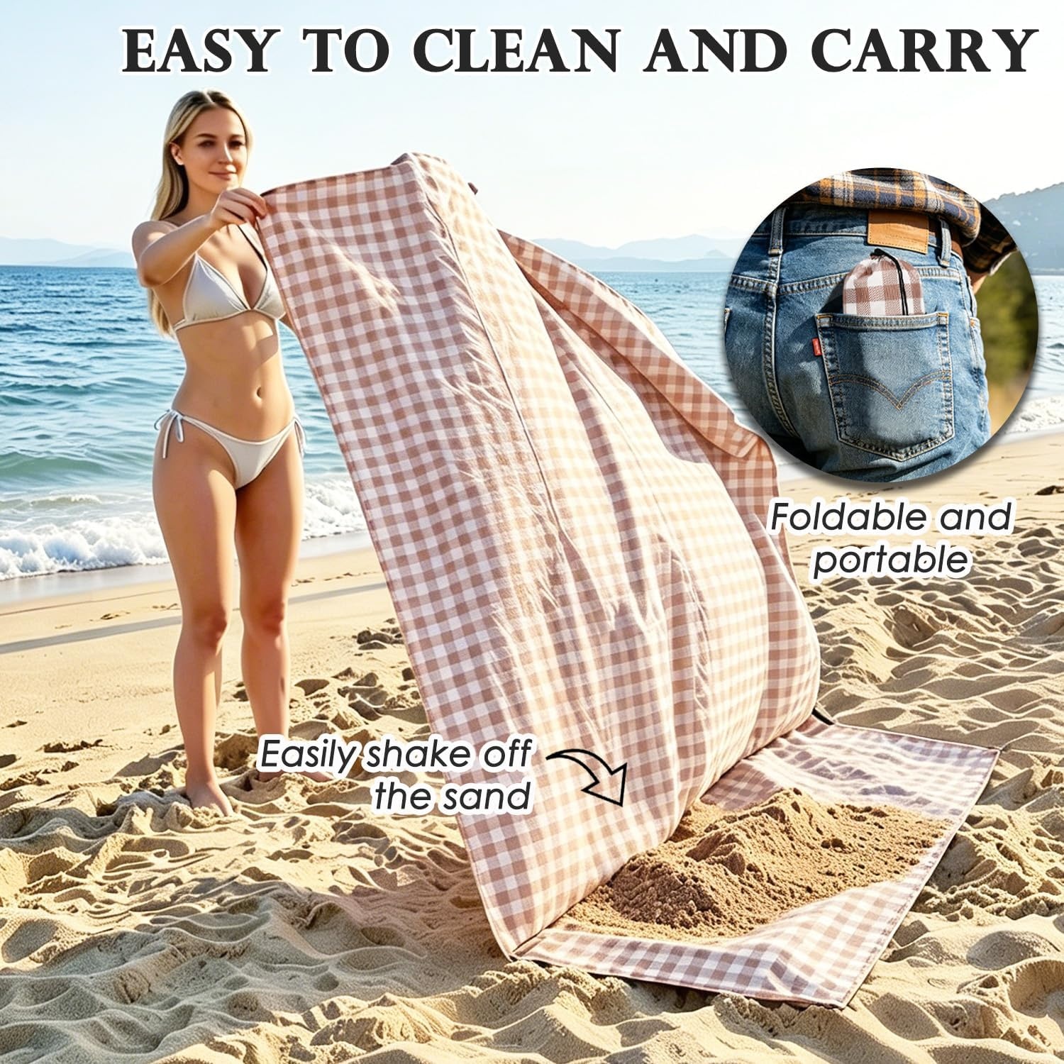 image:imageFammart Beach Blanket Sandproof Waterproof Extra Large Beach Mat with Stakes amp Corner Pockets Oversized amp Compact Sand Free Quick Drying Beach Essentials for Vacation Cruise Picnic amp Camping57x79 Inch 14p Checkered Coffee PolyesterPicnic