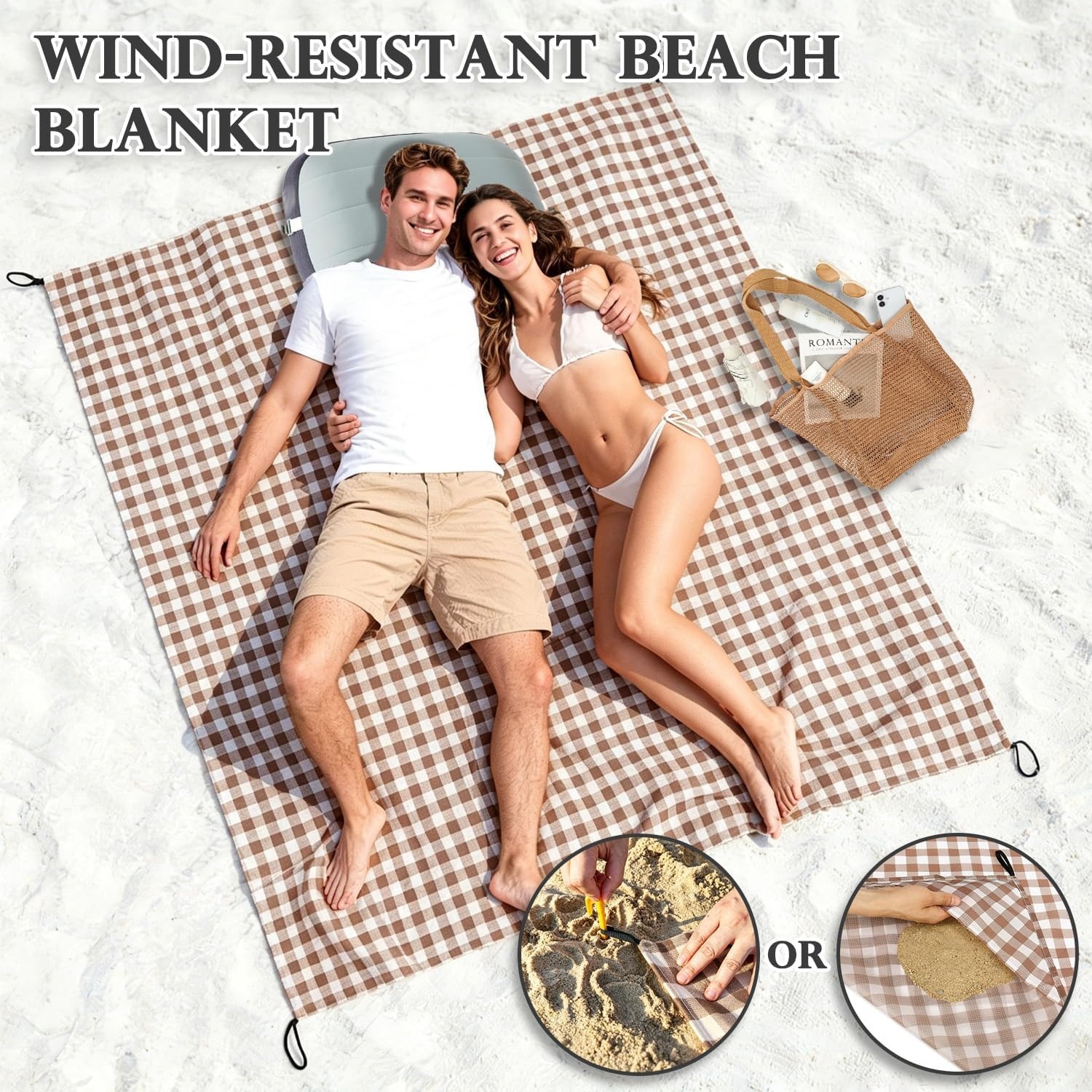 image:imageFammart Beach Blanket Sandproof Waterproof Extra Large Beach Mat with Stakes amp Corner Pockets Oversized amp Compact Sand Free Quick Drying Beach Essentials for Vacation Cruise Picnic amp Camping57x79 Inch 14p Checkered Coffee PolyesterPicnic