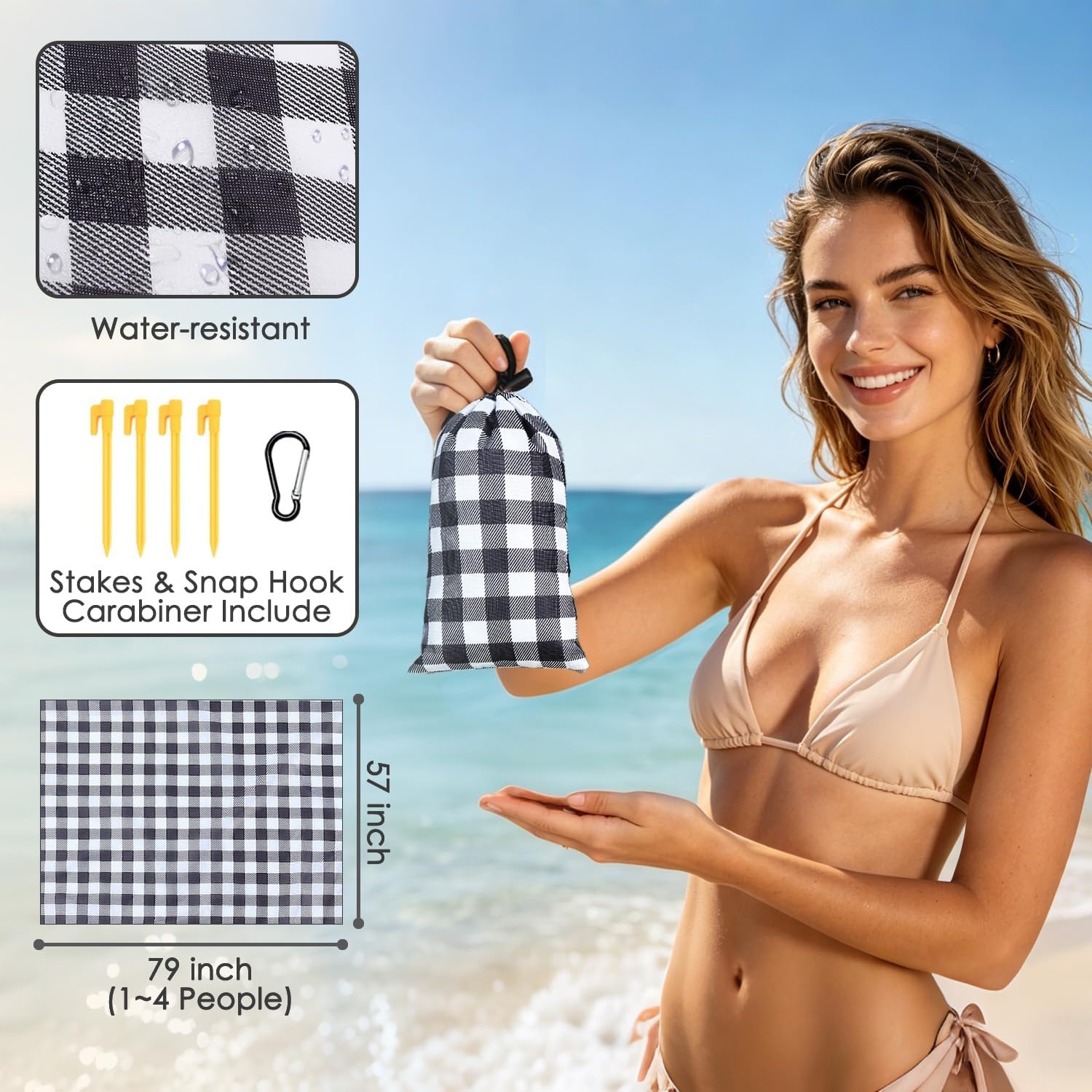 image:imageFammart Beach Blanket Sandproof Waterproof Extra Large Beach Mat with Stakes amp Corner Pockets Oversized amp Compact Sand Free Quick Drying Beach Essentials for Vacation Cruise Picnic amp Camping57x79 Inch 14p Checkered Black PolyesterPicnic
