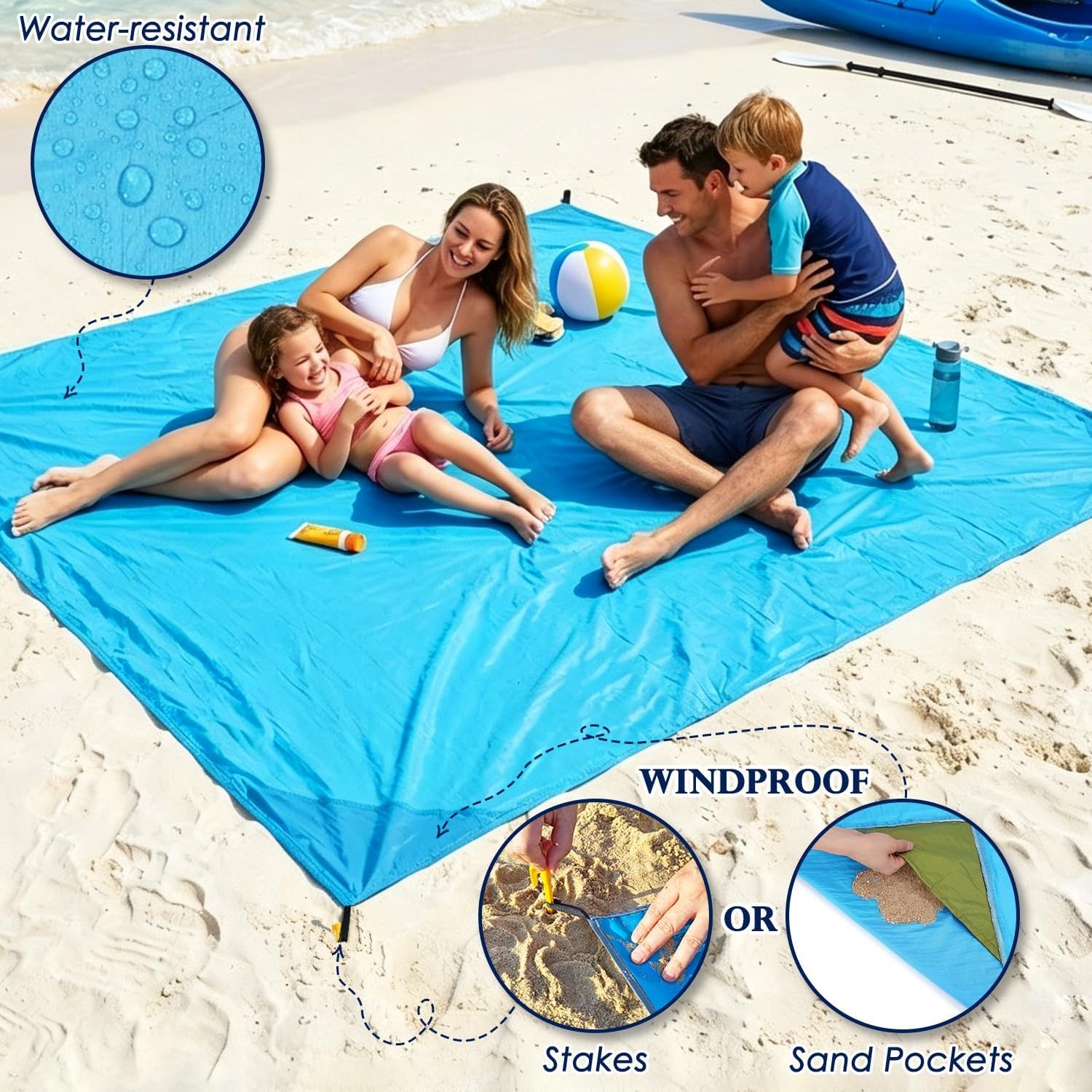 image:imageFammart Beach Blanket Sandproof Waterproof Extra Large Beach Mat with Stakes amp Corner Pockets Oversized amp Compact Sand Free Quick Drying Beach Essentials for Vacation Cruise Picnic amp Camping79x83 Inch 15p Blue NylonBeach