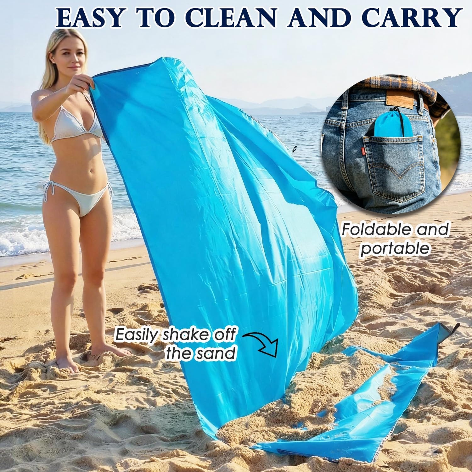 image:imageFammart Beach Blanket Sandproof Waterproof Extra Large Beach Mat with Stakes amp Corner Pockets Oversized amp Compact Sand Free Quick Drying Beach Essentials for Vacation Cruise Picnic amp Camping57x60 Inch 13p Blue PolyesterPicnic