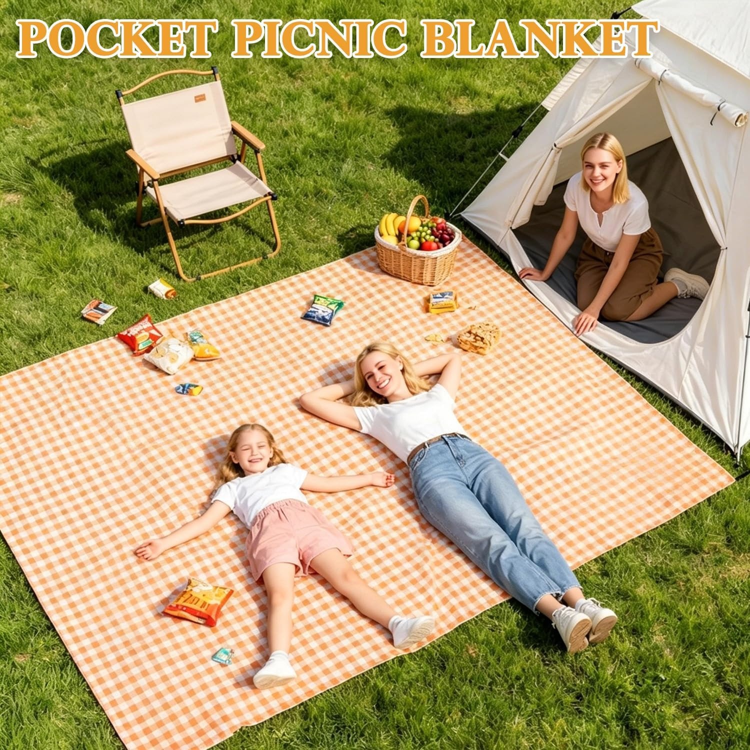 image:imageFammart Beach Blanket Sandproof Waterproof Extra Large Beach Mat with Stakes amp Corner Pockets Oversized amp Compact Sand Free Quick Drying Beach Essentials for Vacation Cruise Picnic amp Camping57x79 Inch 14p Checkered Yellow PolyesterPicnic