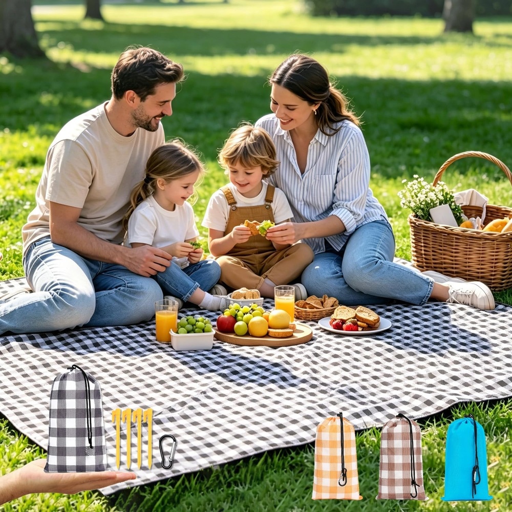 image:imageFammart Beach Blanket Sandproof Waterproof Extra Large Beach Mat with Stakes amp Corner Pockets Oversized amp Compact Sand Free Quick Drying Beach Essentials for Vacation Cruise Picnic amp Camping57x79 Inch 14p Checkered Black PolyesterPicnic