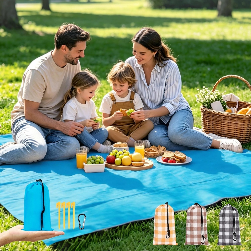 image:imageFammart Beach Blanket Sandproof Waterproof Extra Large Beach Mat with Stakes amp Corner Pockets Oversized amp Compact Sand Free Quick Drying Beach Essentials for Vacation Cruise Picnic amp Camping57x79 Inch 14p Blue PolyesterPicnic